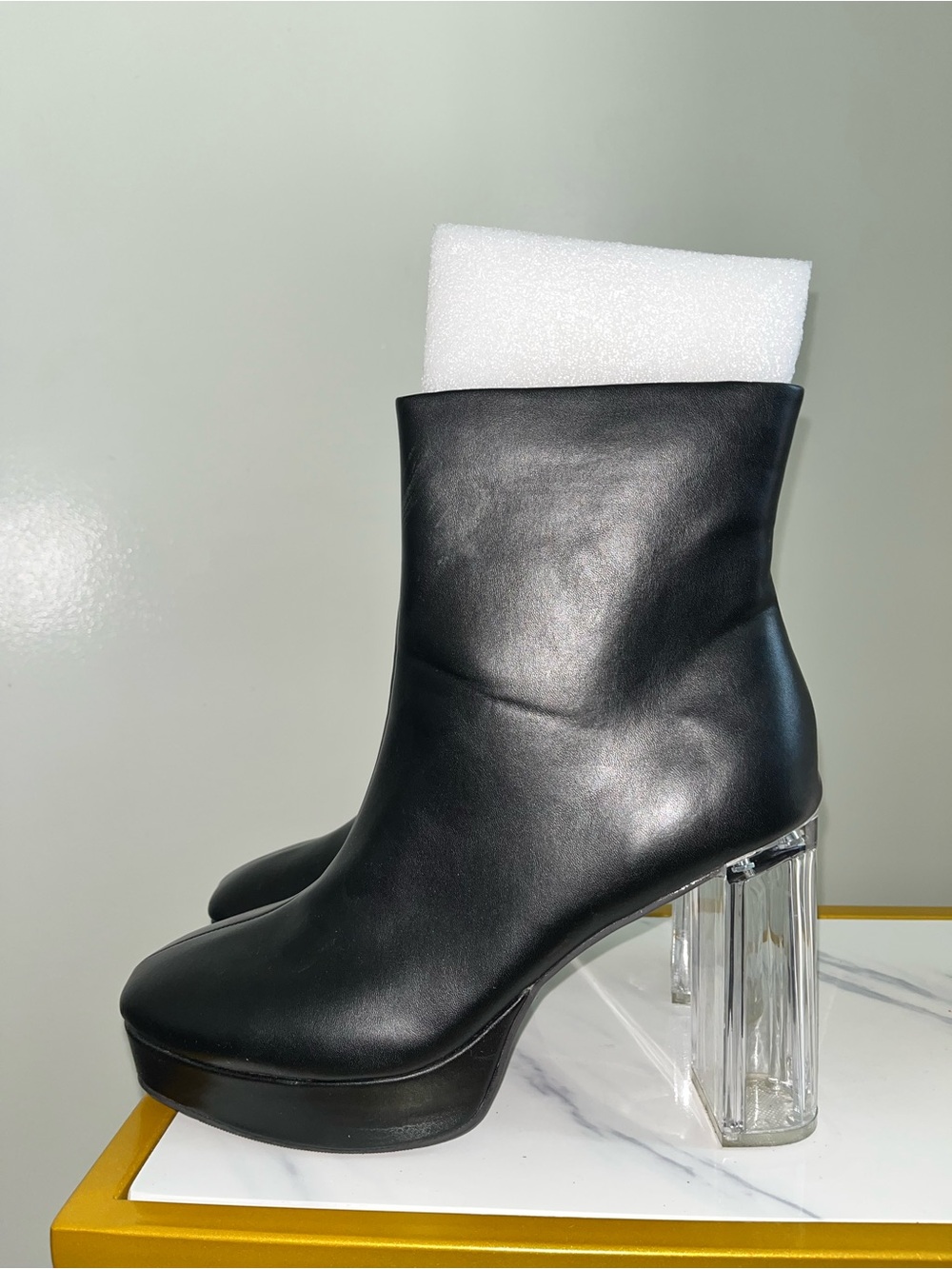 Wild Pair Black Platform Ankle Boots with Clear Block Heel